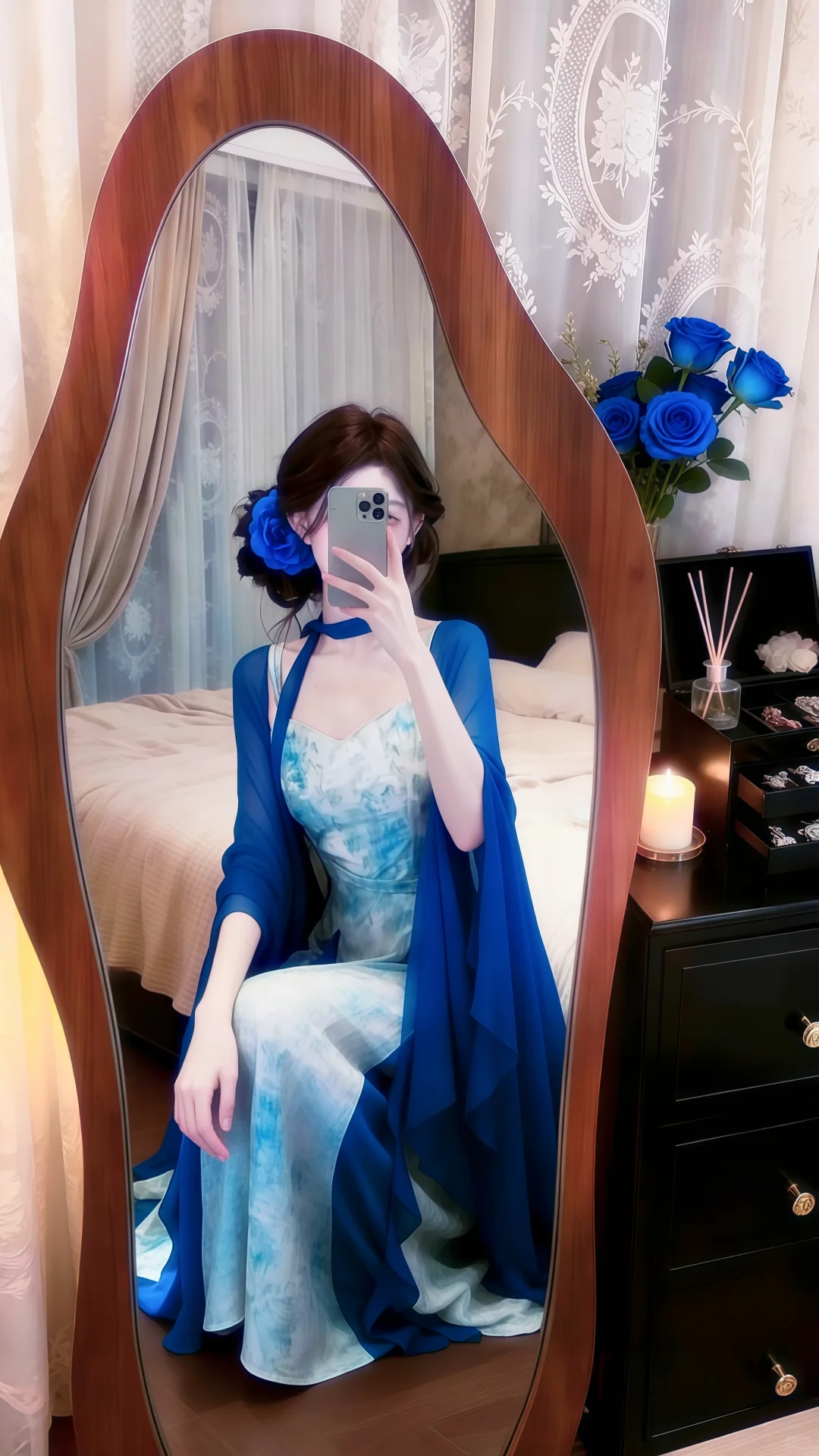 Blue‑White Ink‑Wash Spaghetti Straps Evening Gown, Chiffon Cape Set Tie‑Dye Print Long Prom Dress gh9134