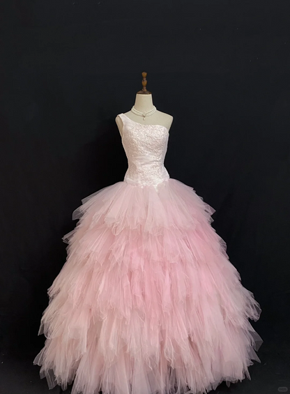Blush Pink One‑Shoulder Romantic Gown with Fitted Waist and Fluffy Princess Skirt, Wedding Dress & Bridal Gown gh8301