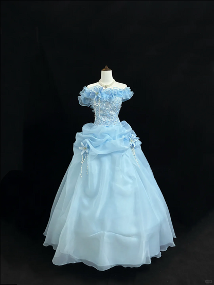 Light Blue Off-the-Shoulder Cinched Waist Voluminous Skirt Long Romantic Dress, Wedding Gown gh7864