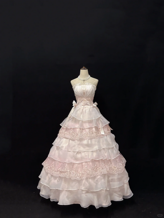 Blush Pink Strapless, Cinched Waist, Voluminous Tiered Princess Skirt Girly Romantic Dress, Wedding Gown gh8086