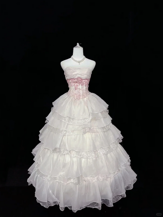 Light Pink Strapless Cinched Waist Voluminous Tiered Skirt Long Romantic Dress, Wedding Gown gh7950