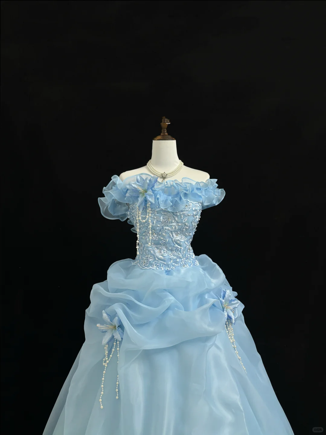 Light Blue Off-the-Shoulder Cinched Waist Voluminous Skirt Long Romantic Dress, Wedding Gown gh7864