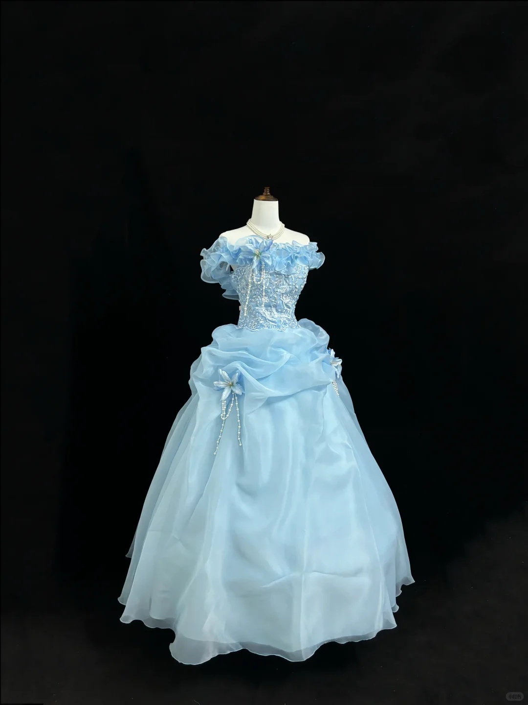 Light Blue Off-the-Shoulder Cinched Waist Voluminous Skirt Long Romantic Dress, Wedding Gown gh7864