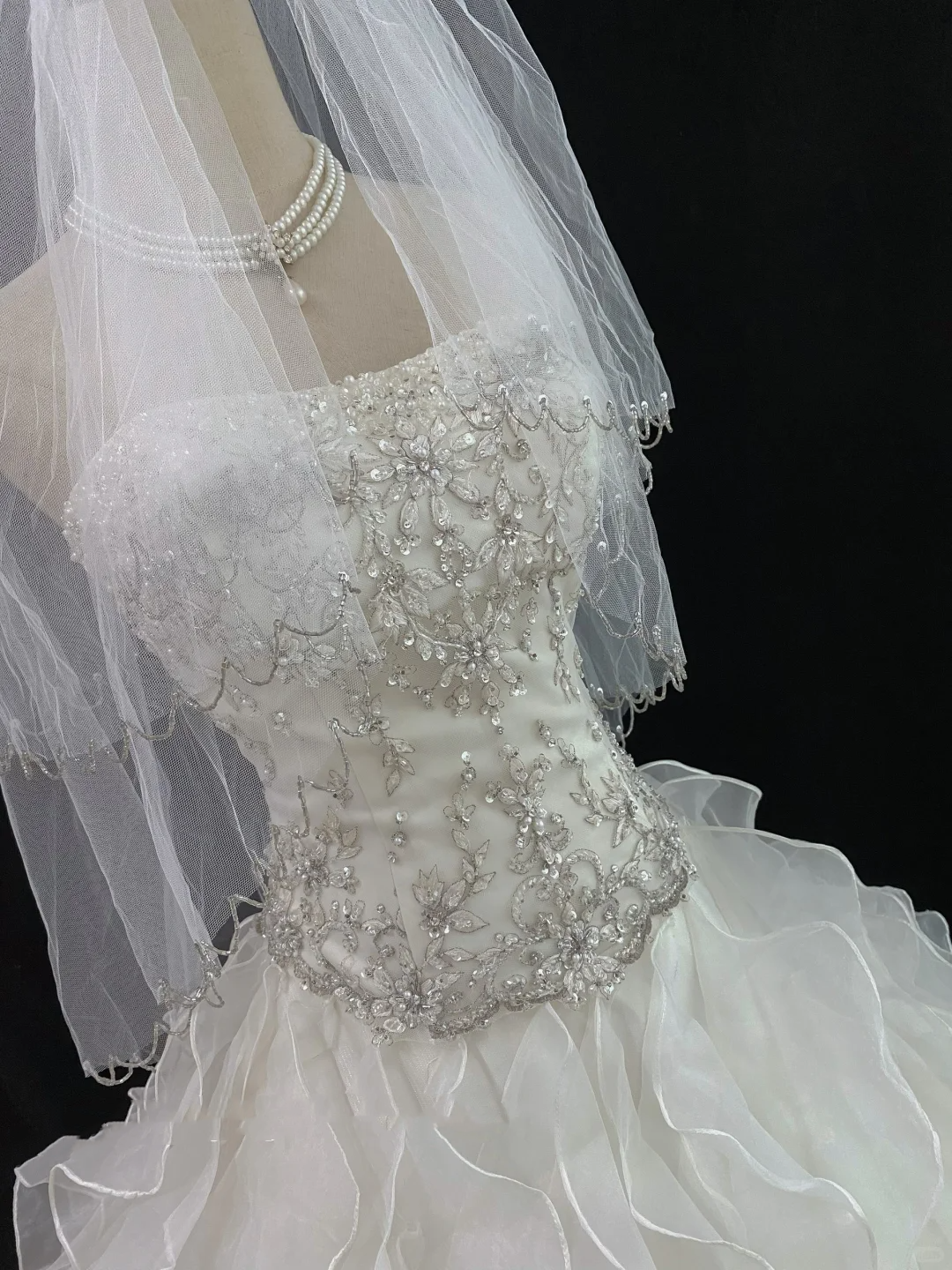 Off-White Strapless Long Romantic Gown, Cinched Waist, Rhinestone Embellishments, Voluminous Tiered Cake Skirt, Wedding Dress & Bridal Gown gh8170