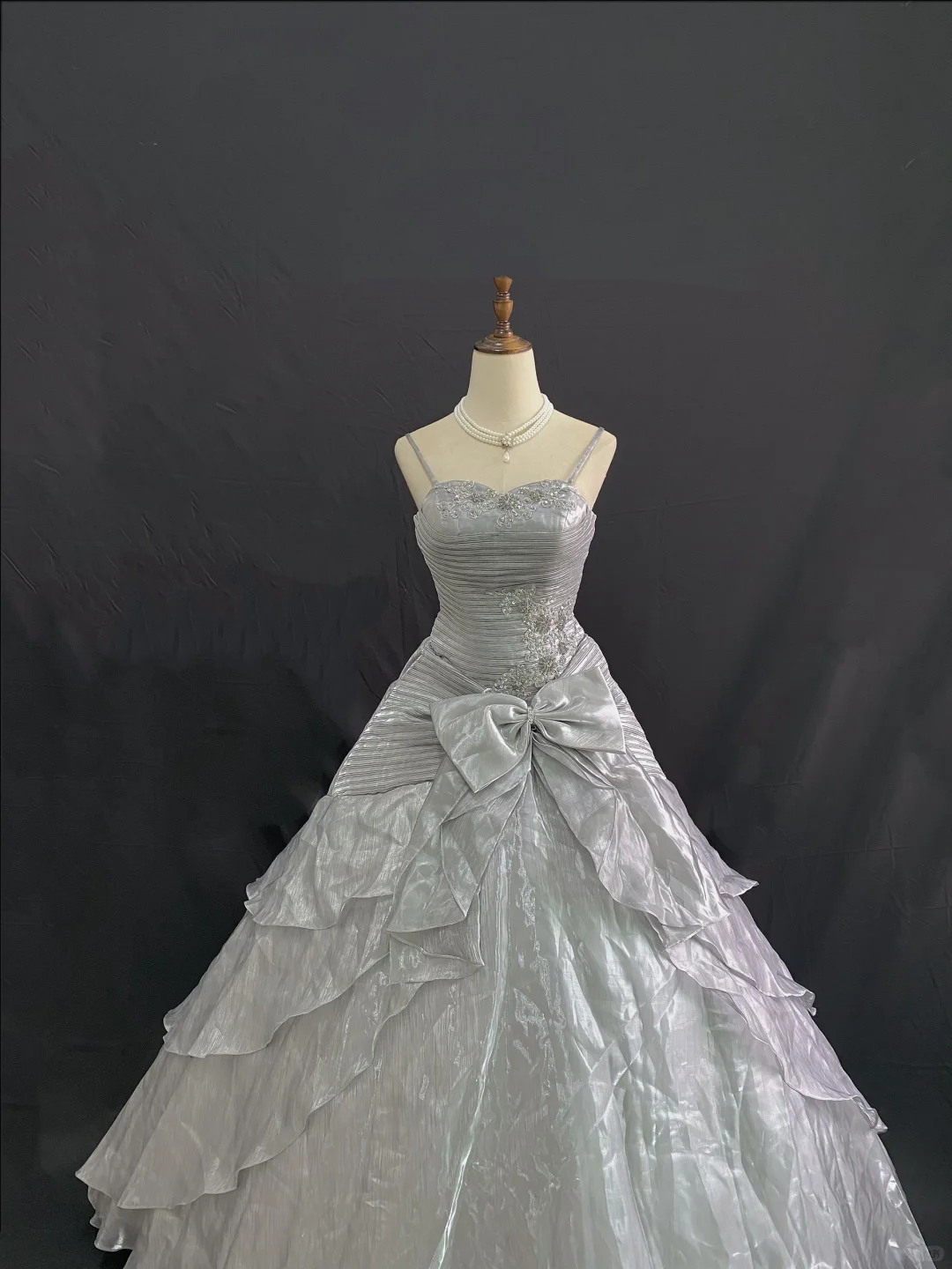 Light Gray Spaghetti Strap Luxury Romantic Gown, Cinched Waist & Voluminous Skirt, Wedding Dress & Bridal Gown gh8210