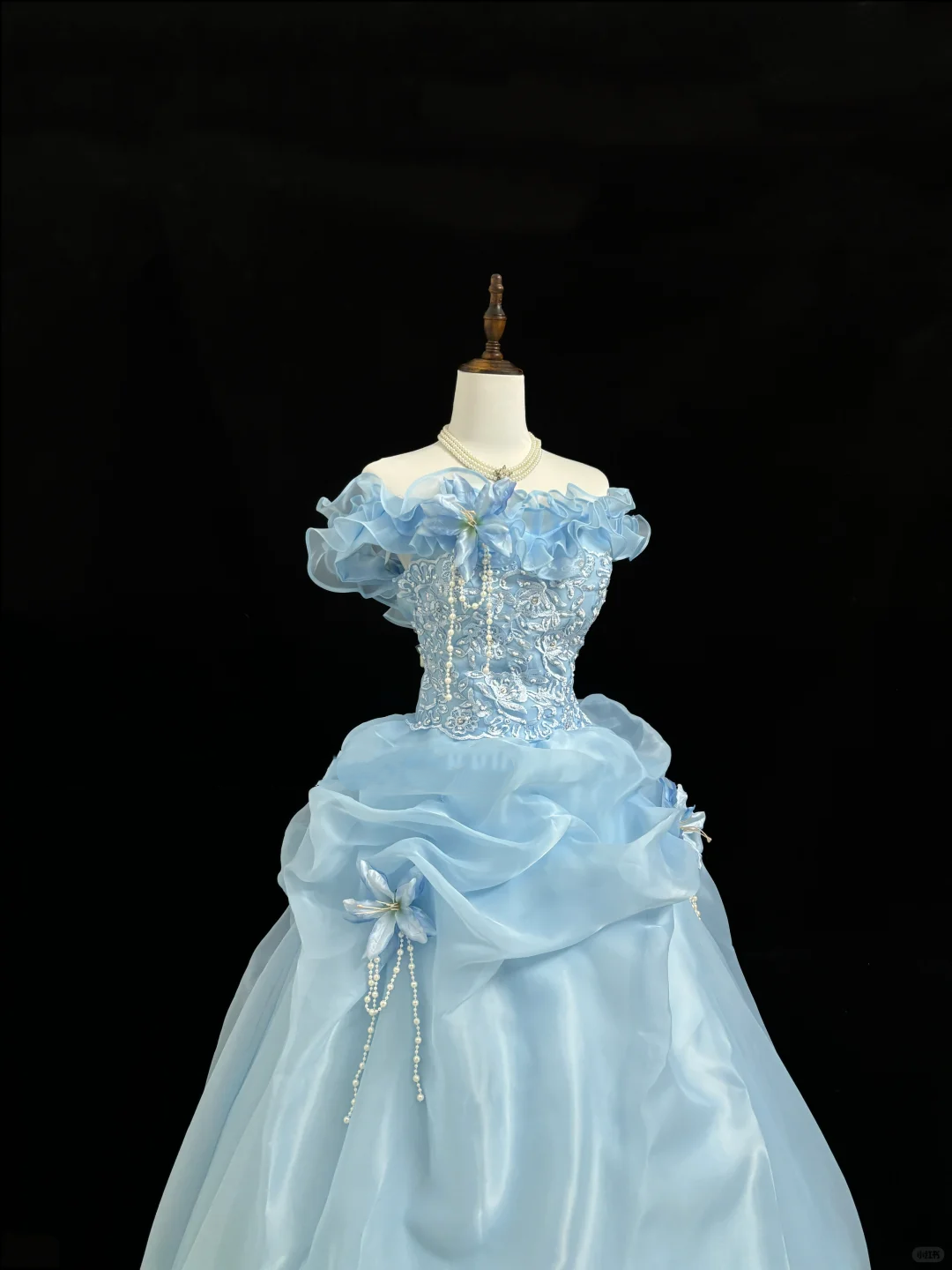 Light Blue Off-the-Shoulder Cinched Waist Voluminous Skirt Long Romantic Dress, Wedding Gown gh7864