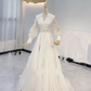 White V-Neck Long Sleeve Waist-Cinched Fitted Elegant Long Evening Dress, Fairy Gown, Romantic Gown gh7417