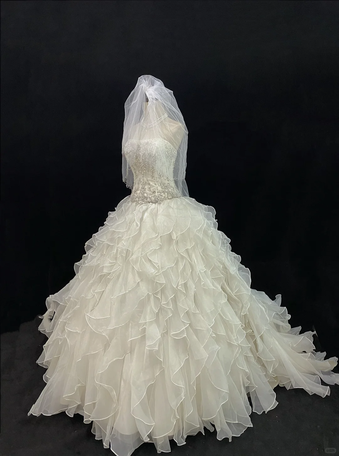 Off-White Strapless Long Romantic Gown, Cinched Waist, Rhinestone Embellishments, Voluminous Tiered Cake Skirt, Wedding Dress & Bridal Gown gh8170