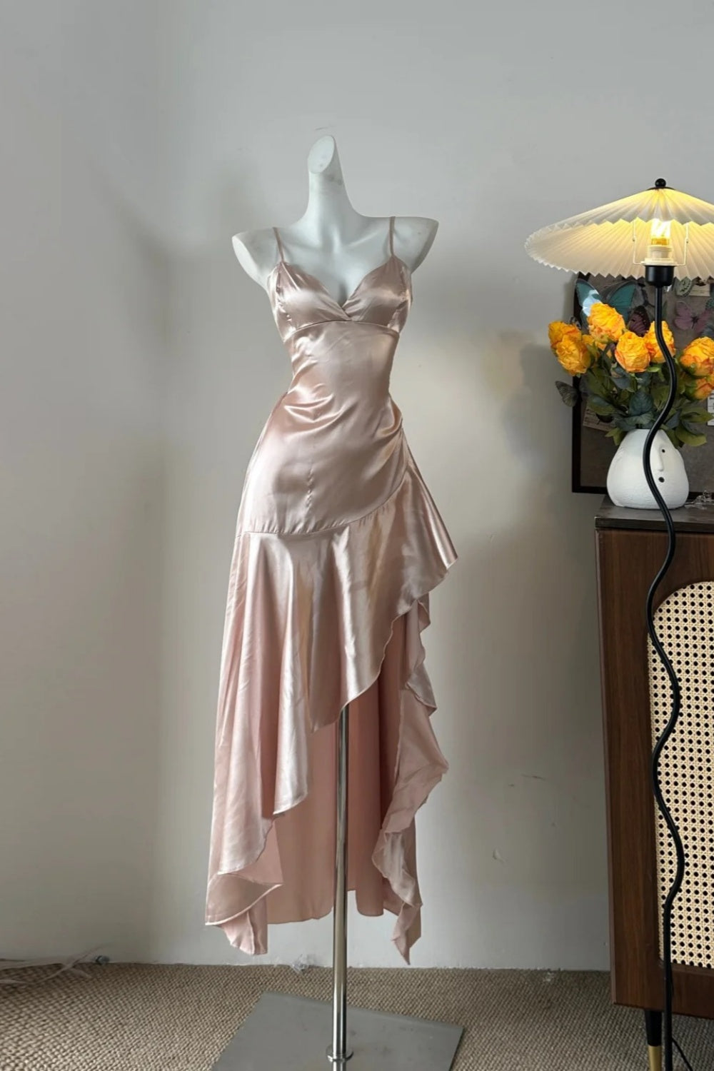 Girlhomeshops - Robe longue à volants irréguliers, bretelles spaghetti, douce et féerique, rose pâle, gh5844