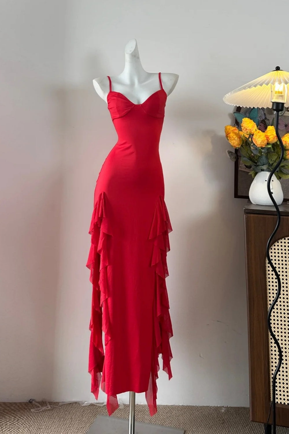 girlhomeshops-Fashion Slim - Fitting Spaghetti - Strap Ruffled Prom Dress girl dress gh5845