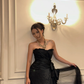 Black Strapless Asymmetrical Prom Dress Ruched Satin with Bow Ruffle Tulle Long Evening Gown gh9856