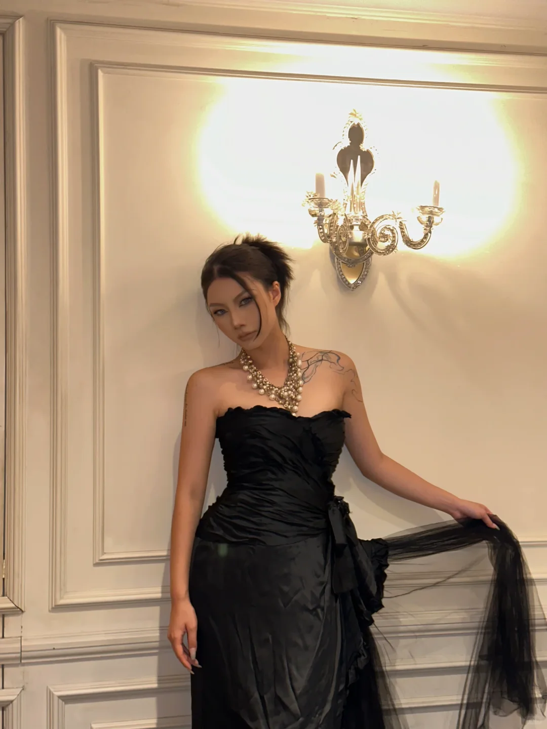 Black Strapless Asymmetrical Prom Dress Ruched Satin with Bow Ruffle Tulle Long Evening Gown gh9856