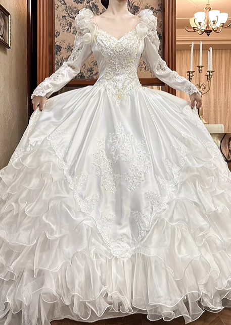 White Vintage Satin Ball Gown Wedding Prom Dress, V‑Neck, 3D Floral Shoulders, Leg‑of‑Mutton Long Sleeves, Multi‑Tier Ruffled Cake Skirt gh8685