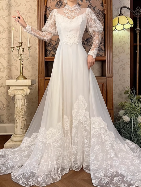 Off‑White Long Puff Sleeve Fitted Waist Elegant Vintage Long Prom Gown, Wedding Prom Dress gh8596