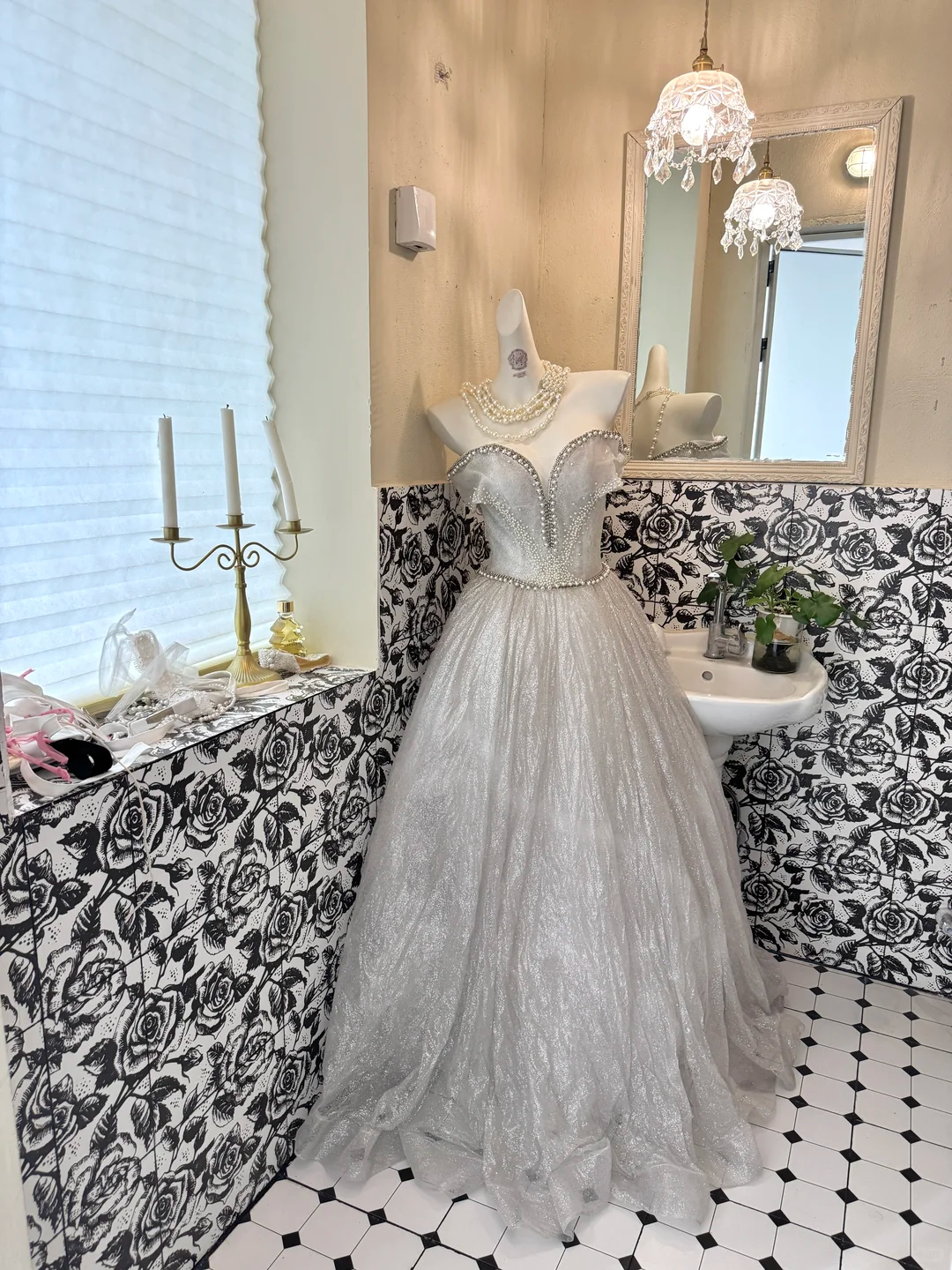 Light Gray Strapless Waist-Cinched Full Flared Long Luxury Romantic Dress, Wedding Gown gh7687