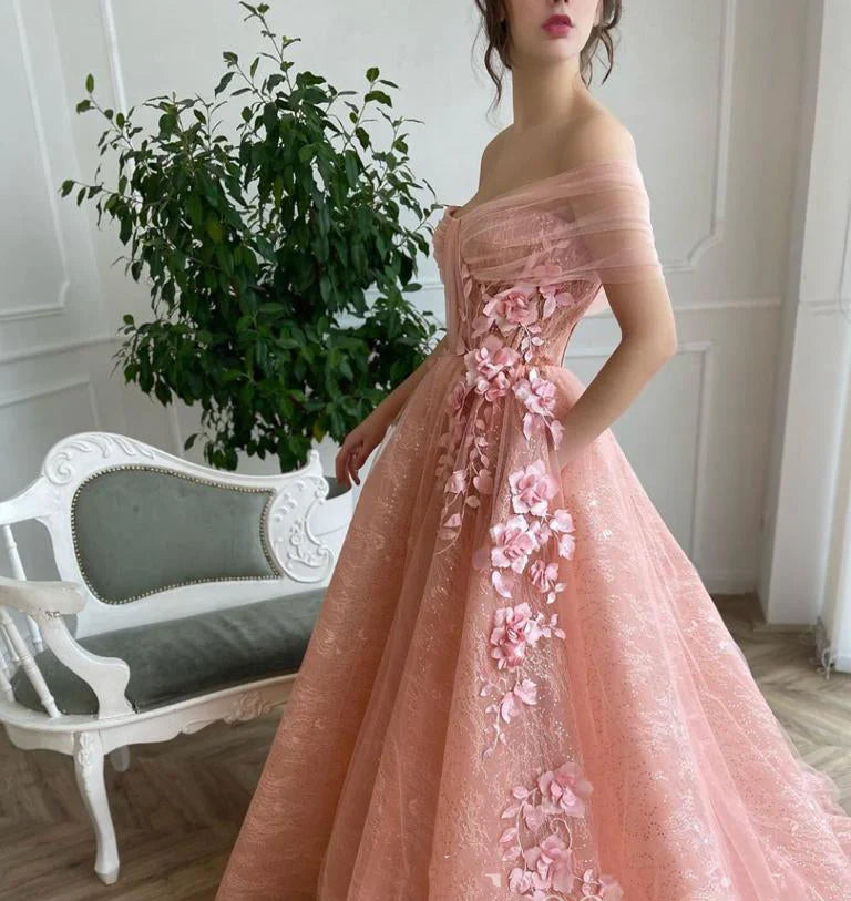 Weg von der Schulter-Schatz-3D-Blumen-Falten-Spitze-Taschen-Tüll-Abschlussball-Kleid-formalen Hochzeitsfest-Kleidern gh2189