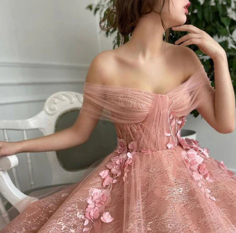 Weg von der Schulter-Schatz-3D-Blumen-Falten-Spitze-Taschen-Tüll-Abschlussball-Kleid-formalen Hochzeitsfest-Kleidern gh2189