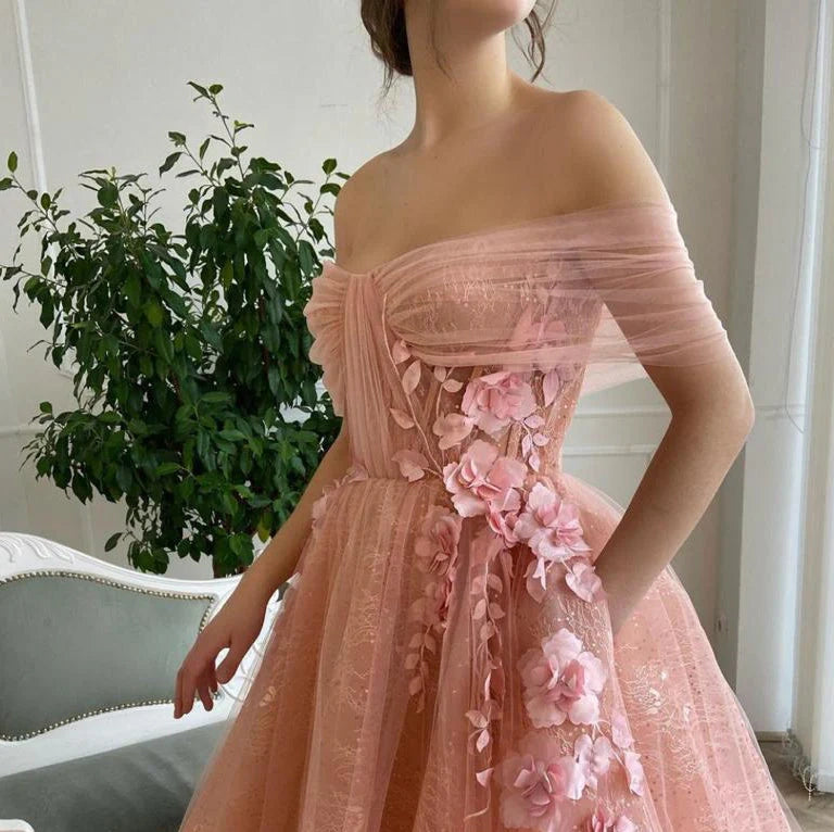Weg von der Schulter-Schatz-3D-Blumen-Falten-Spitze-Taschen-Tüll-Abschlussball-Kleid-formalen Hochzeitsfest-Kleidern gh2189