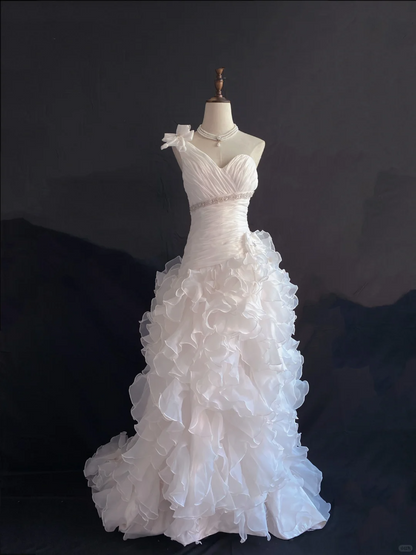 Blush Pink One Shoulder Long Romantic Gown, Slim Fit & Cinched Waist, Wedding Dress & Bridal Gown gh8219