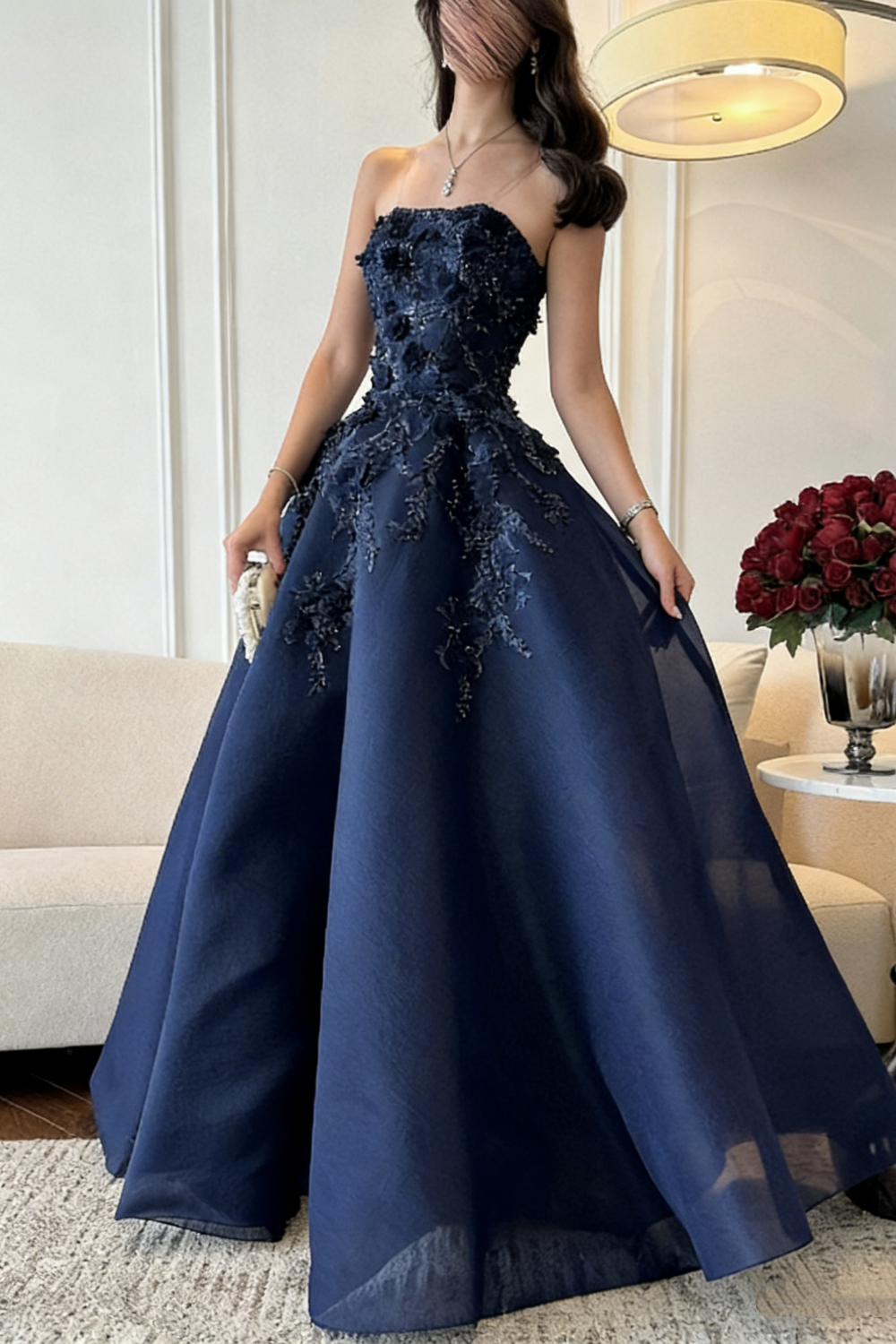 Marineblaues, trägerloses Ballkleid mit 3D-Blumenapplikationen und Perlenstickerei, bodenlanges Abendkleid für formelle Hochzeiten und Abendveranstaltungen gh7098