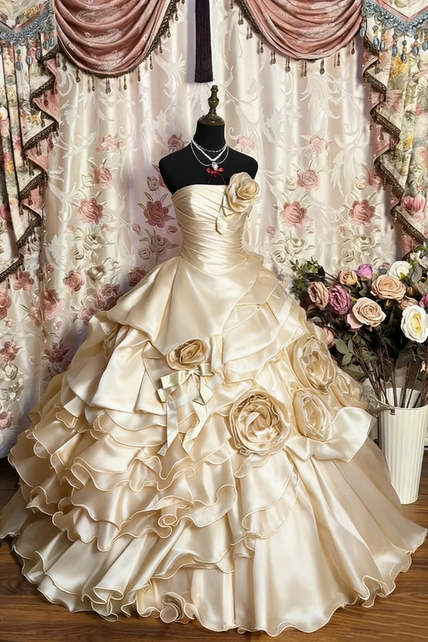 Red Vintage Floral Beaded Long Tulle Ball Gown gh4950