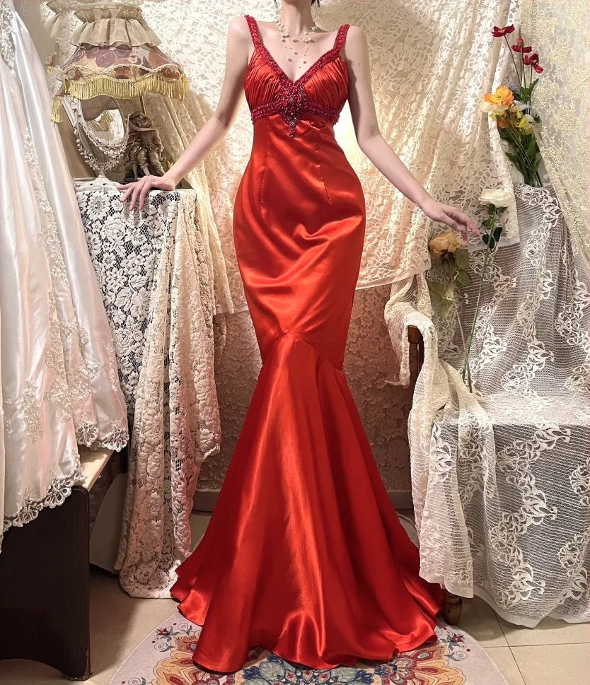 Robe de bal longue en satin rouge vintage à fleurs, robe de soirée d'anniversaire, gh4413