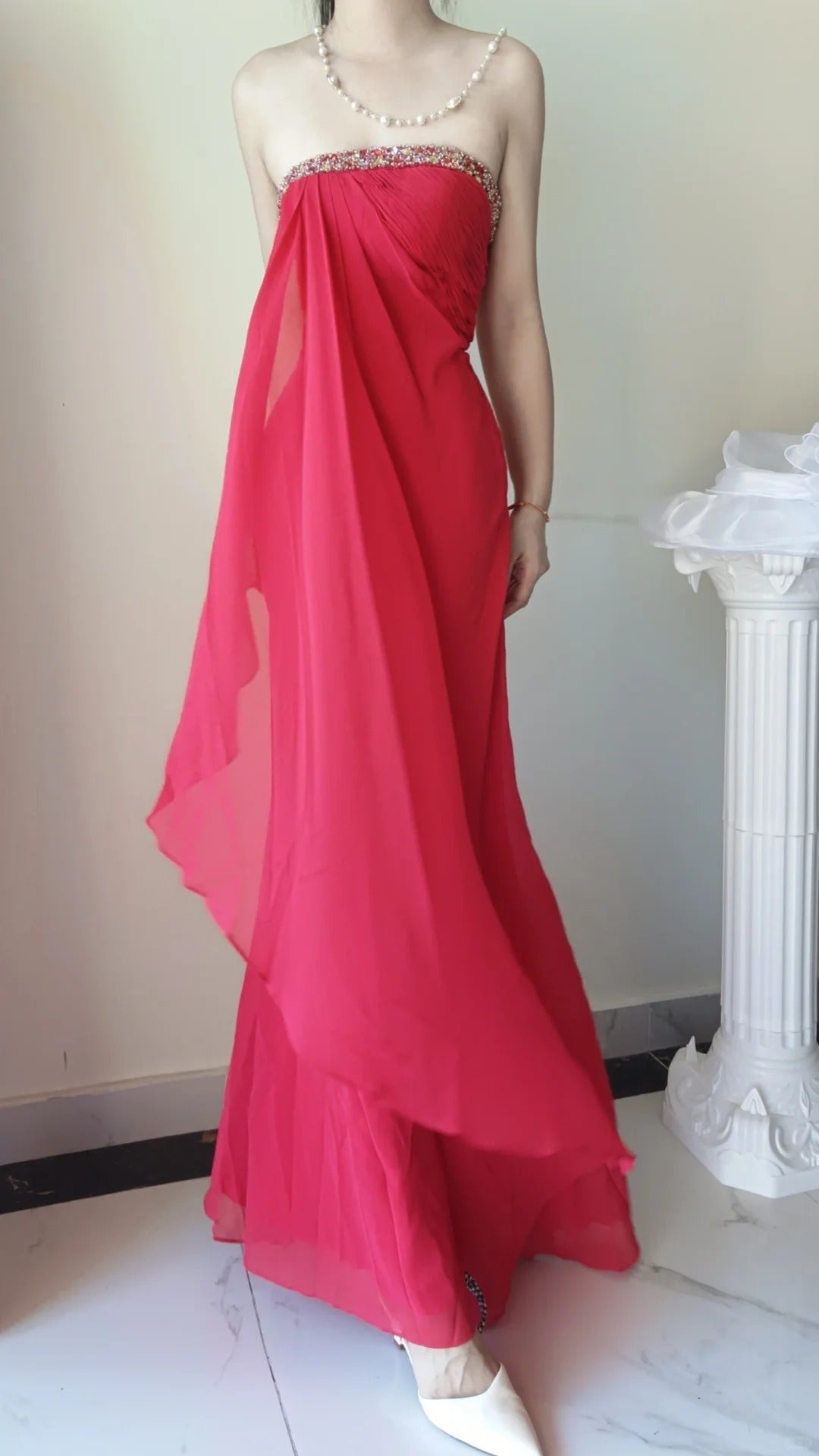 Rosa fließende Perlen elegante lange Chiffon Venus Ballkleid Abendkleid Partykleid gh4709