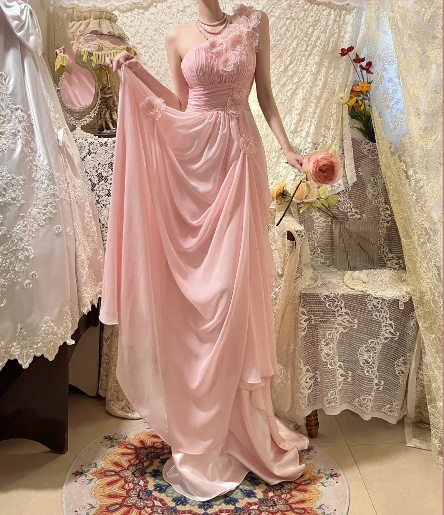 Rosa Mode Eine Schulter Lange Chiffon Ballkleid Abendkleid gh4430