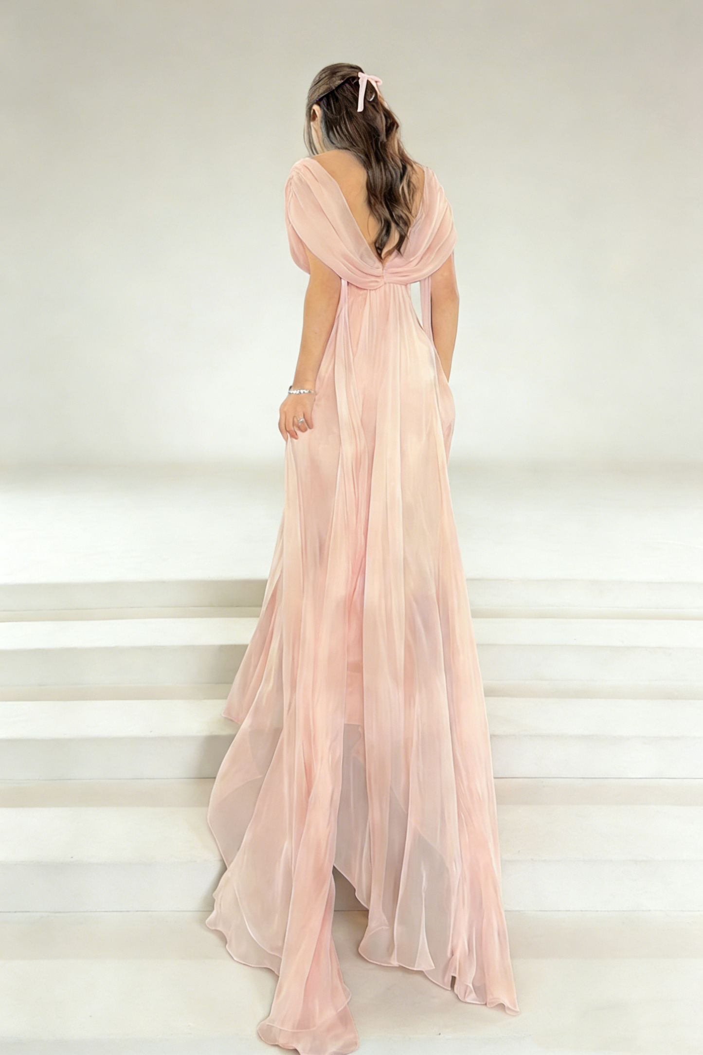 Blush Pink Chiffon Twist Neck Maxi Dress - Off-Shoulder Backless Bridesmaid/Date/Evening Gown gh6976