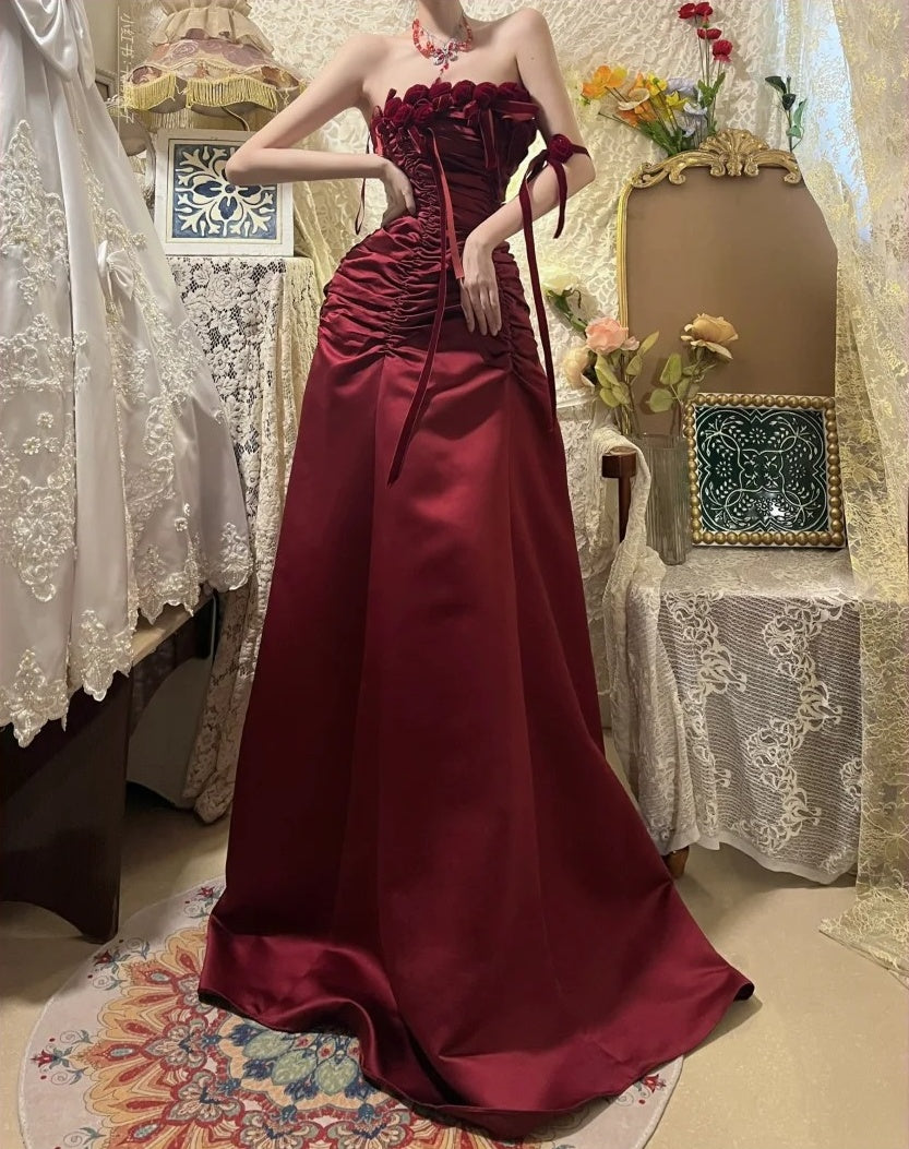 Burgunderrotes Vintage-Blumenkleid, lang, Satin, Ballkleid, Geburtstagspartykleid, Abendkleid, gh4412