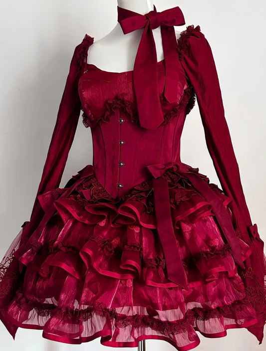 Girlhomeshops-RRed Princess Long Sleeve Lace Fashion Short Tulle Homecoming Dress Birthday Party Dress gh5416