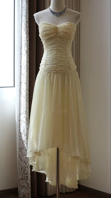 Cream Yellow Strapless Sweetheart Prom Dress Ruched Bodice High Low Hem Chiffon Evening Gown with Sparkle Sequins gh9450