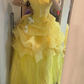 Yellow Puff Sleeve Romantic Gown, Cinched Waist, Voluminous Princess Skirt, Wedding Dress & Bridal Gown gh8174