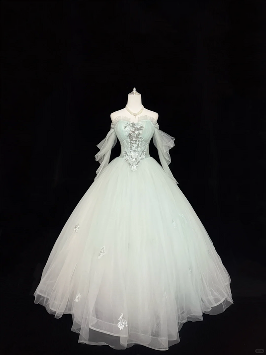 Light Green Ombre Strapless Cinched Waist Voluminous Skirt Long Romantic Dress, Wedding Gown gh7867