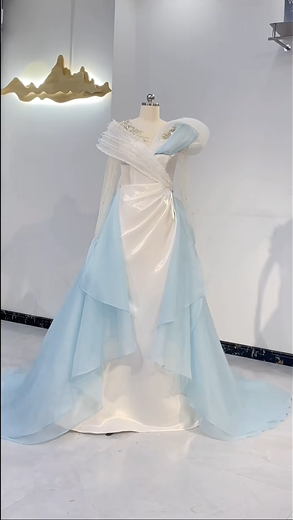 Light Blue And White Color Block Waist-Cinched Long Evening Dress, Fairy Gown, Romantic Gown gh7382