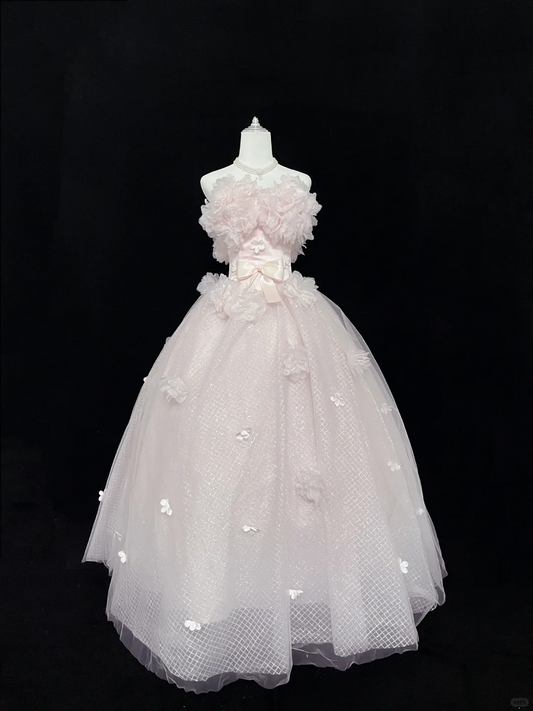 Blush Pink Floral Neckline Girly Strapless Cinched Waist Voluminous Skirt Romantic Dress, Wedding Gown gh8050