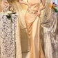 Robe de soirée longue en satin à bretelles couleur champagne, ornements de perles exquis, gh4510