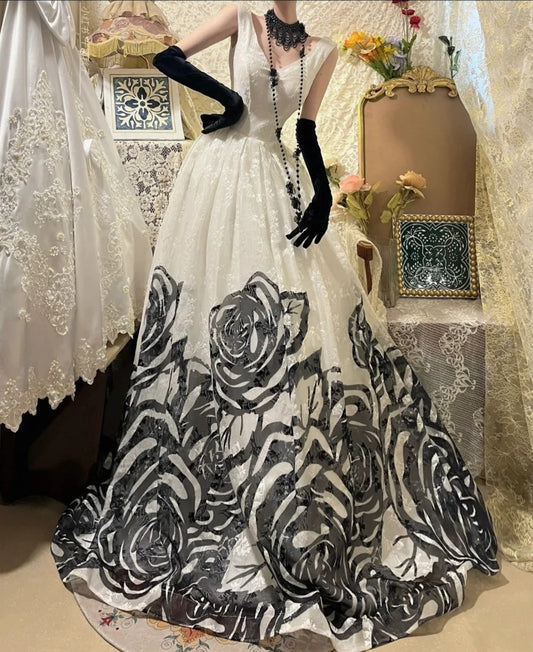 ♣️Blooming black roses gorgeous retro dark night rose dress Hepburn-feel long tulle ball gown evening dress gh4338