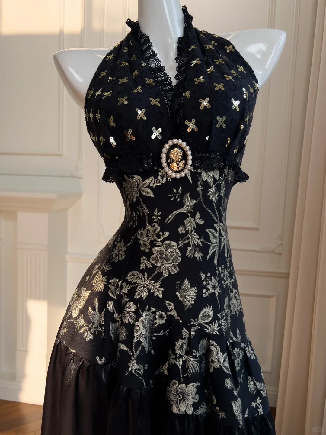 Schwarz/Weiß Vintage Langes Satin Ballkleid Geburtstagspartykleid Abendkleid gh4410
