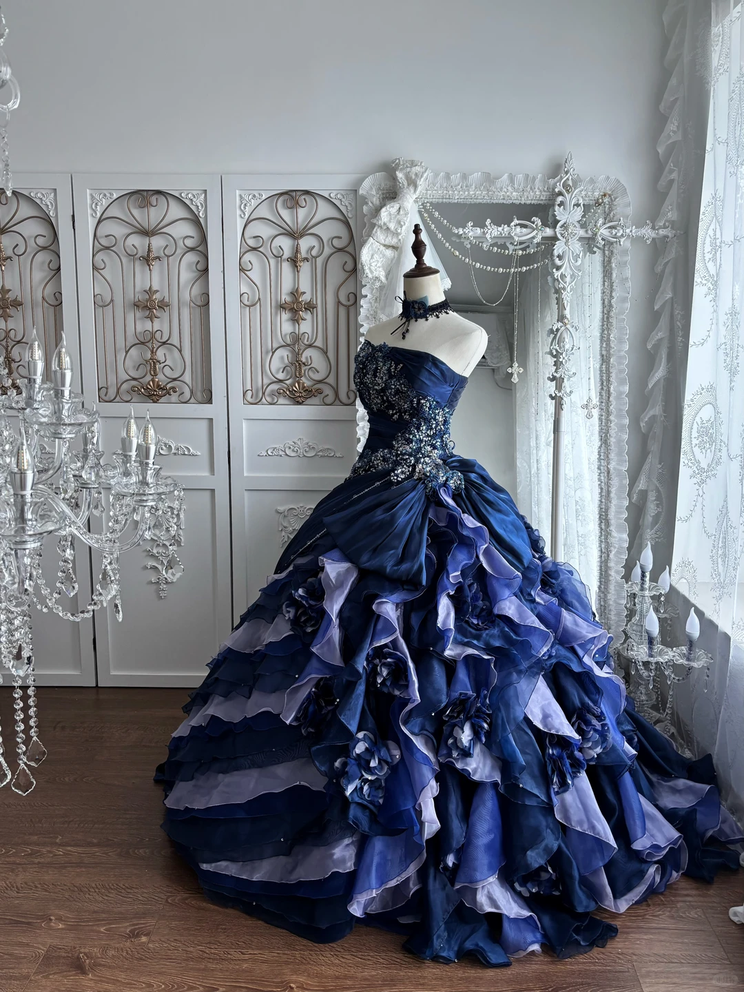 Dark Blue Strapless Fitted Waist Voluminous Skirt Prom Gown, Evening Gown & Bridal Wedding Gown gh7346