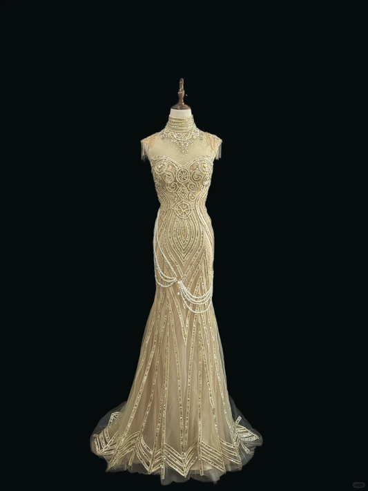 Gold Sleeveless Cinched Waist Slim Fit Sexy Mermaid Skirt Long Romantic Dress, Wedding Gown gh7954