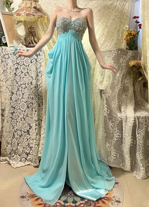 Blaues, perlenbesetztes, wunderschönes Meerjungfrau-Lang-Chiffon-Ballkleid mit Abendkleid und Partykleid gh4441