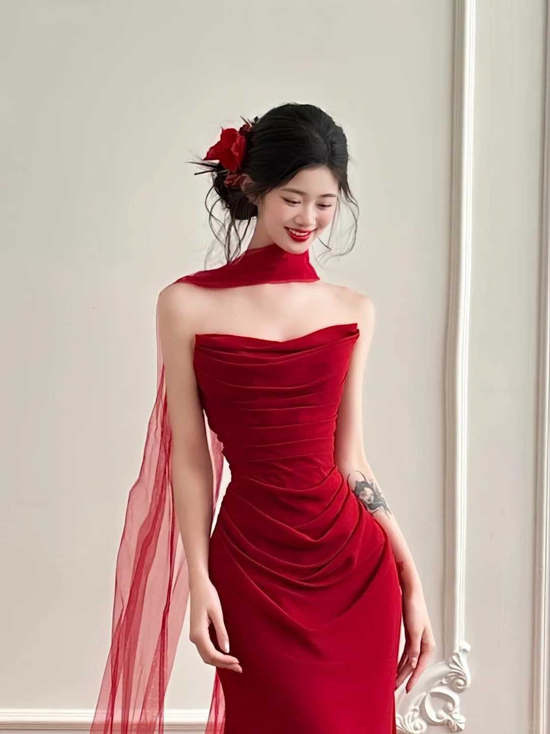Burgunderrot, elegant, schlicht, lang, Satin, bodenlang, Ballkleid, Abendkleid, Ballkleid, gh4361