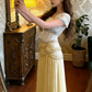 Robe de soirée style opéra, ornée de cristaux blancs et jaunes - Robe longue en satin à corset, volants et perles, style opéra gh6983