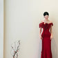 girlhomeshops- Red Off-The-Shoulder Bodycon Satin Floor-Length Ball Gown Prom Dress gh5963