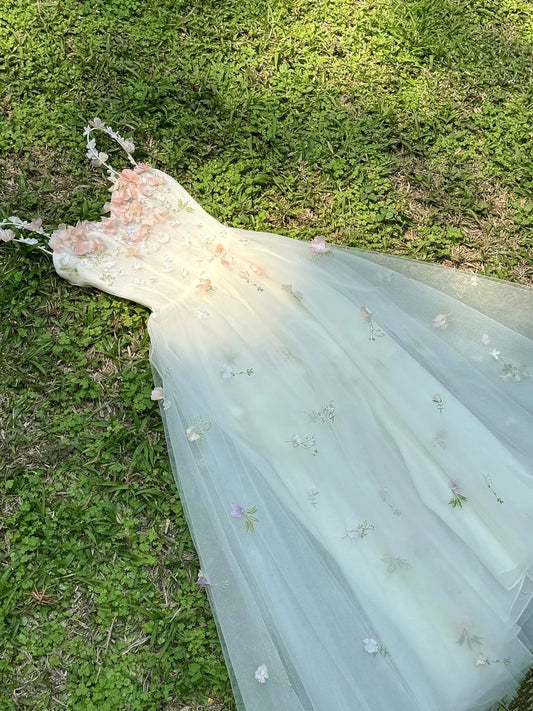 girlhomeshops- Vintage Pink-White 3D Floral Gradient Tulle Spaghetti Strap Forest-Style Evening Gown gh6039