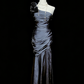 One Shoulder 3D Floral Applique Ruched Bodycon Mermaid Hem Metallic Satin Evening Gown | Formal Prom Wedding Guest Dress gh7101