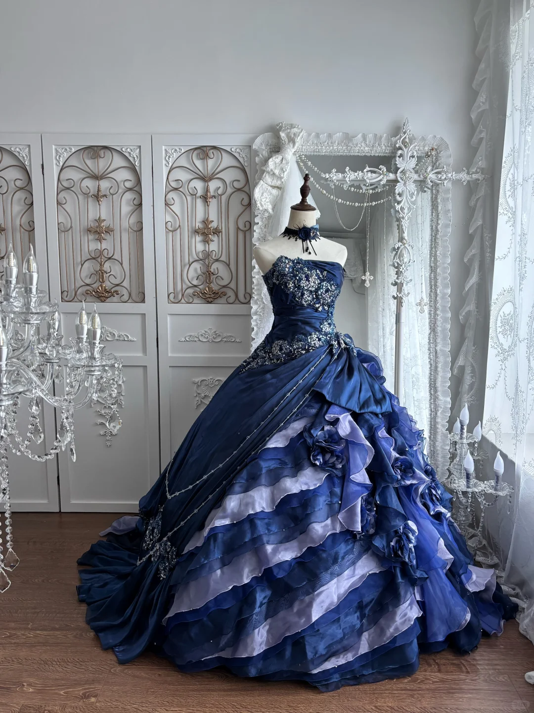 Dark Blue Strapless Fitted Waist Voluminous Skirt Prom Gown, Evening Gown & Bridal Wedding Gown gh7346