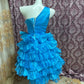 Robe de bal courte en tulle à volants et fleurs bleues gh4641