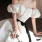White Elegant Fashion Elegant Textured Long Satin short sleeves Floor-Length Prom Dress Evening Dress Princess Graduation Dress Adult Ceremony Dress gh3845